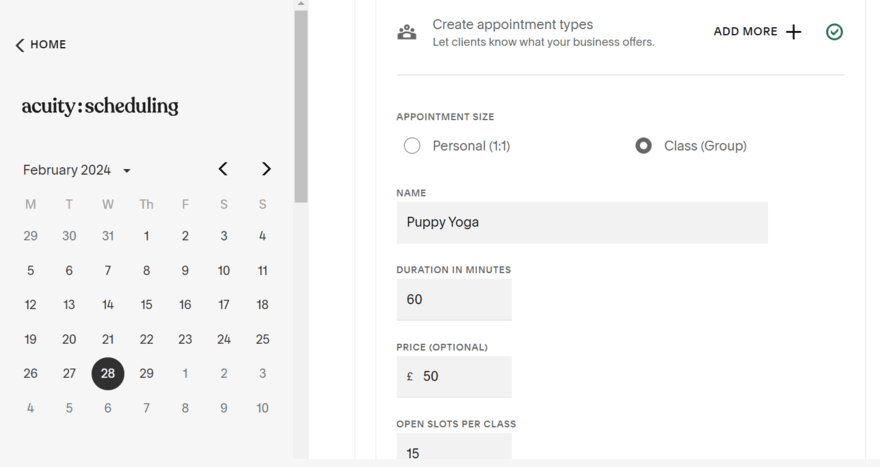 Squarespace Acuity Scheduling homepage showing form to add new appointment type