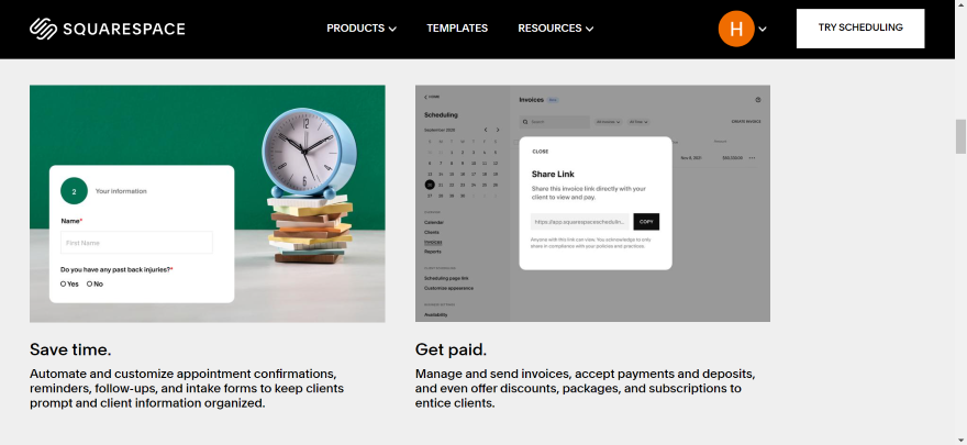 Screenshot of a Squarespace Acuity Scheduling Page showcasing key features.