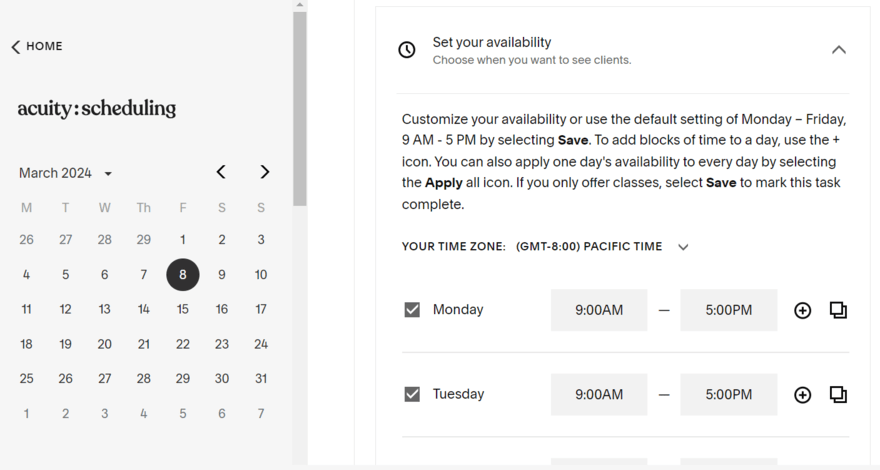 Squarespace Acuity scheduling dashboard