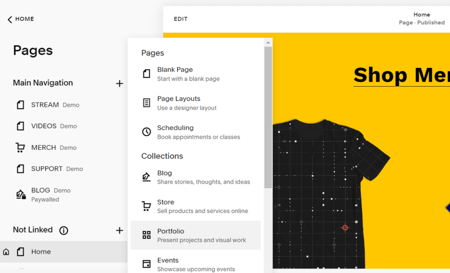 Screenshot of a Squarespace website's navigation panel next to a shop menu featuring a graphic t-shirt.