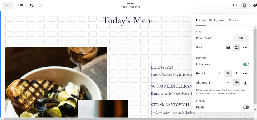 Screenshot of a menu section in Squarespace's editor