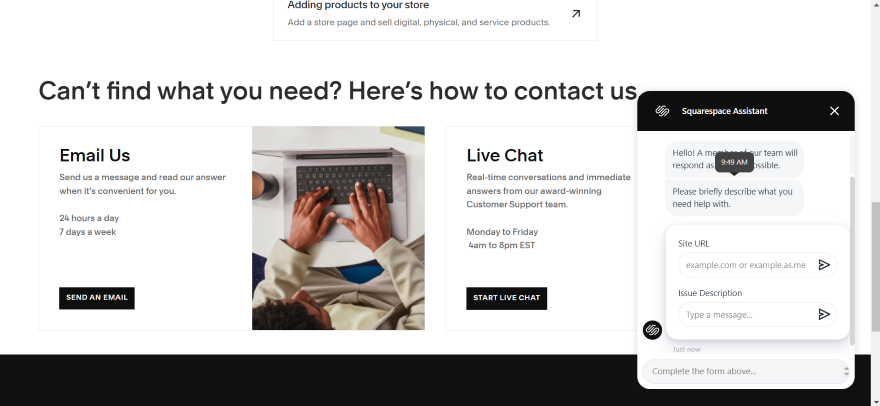 Screenshot of Squarespace's live chat.