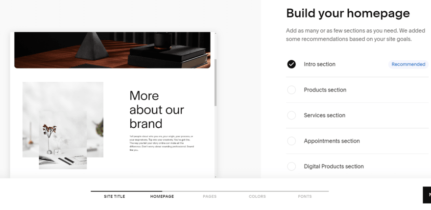 Squarespace Blueprint stage to build your homepage