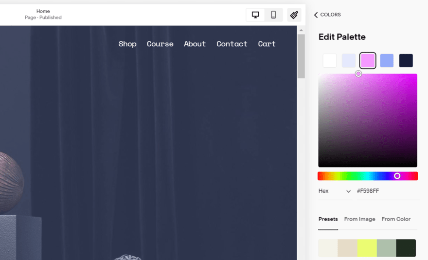 A screenshot displaying Squarespace's color palette editing tool with a selection of vibrant colors.