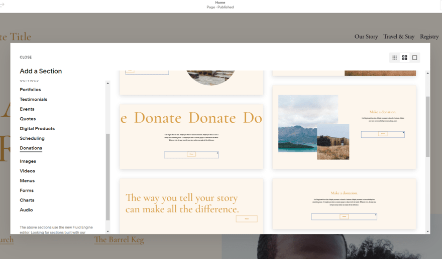 Squarespace design library showing donation elements