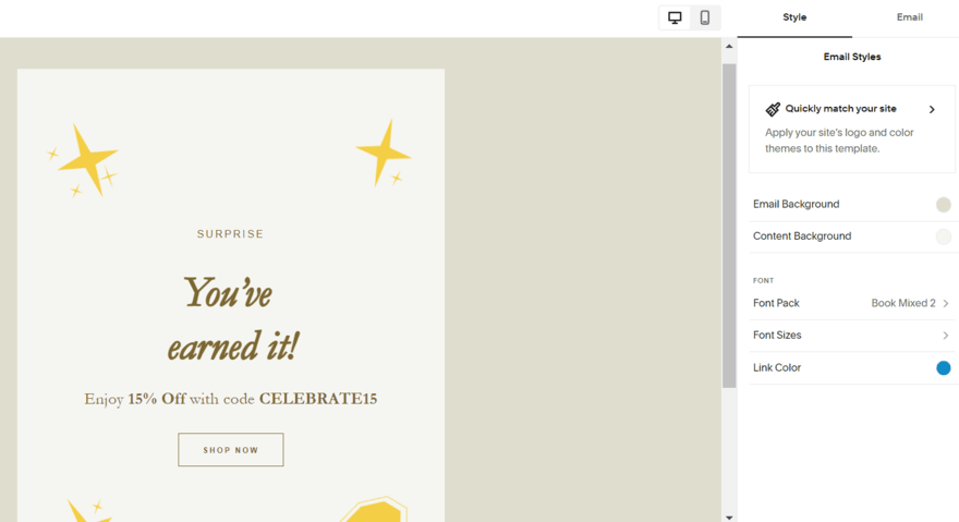 Squarespace email marketing template for a unique discount code, showing a sidebar to edit the email's style