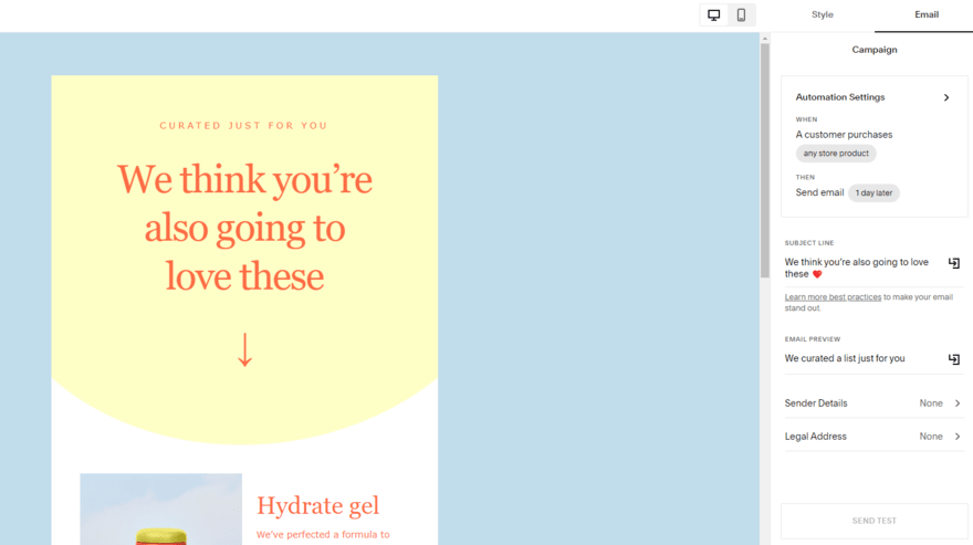 Email template in the editor of Squarespace's Email Campaigns