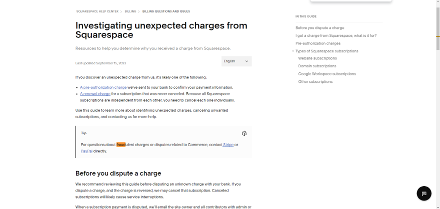 Screenshot of Squarespace's help page regarding fraud detection.
