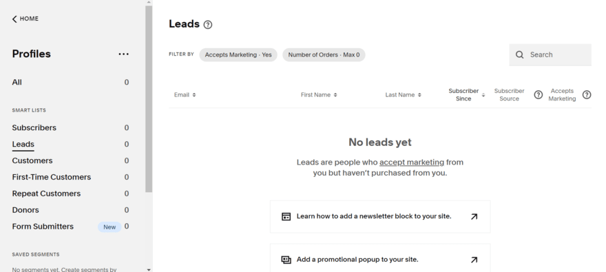 Leads analytics in Squarespace's backend dashboard