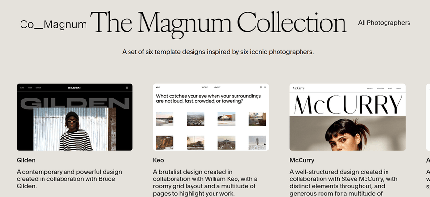 Page sowcasing three of Squarespace's Magnum Collection templates