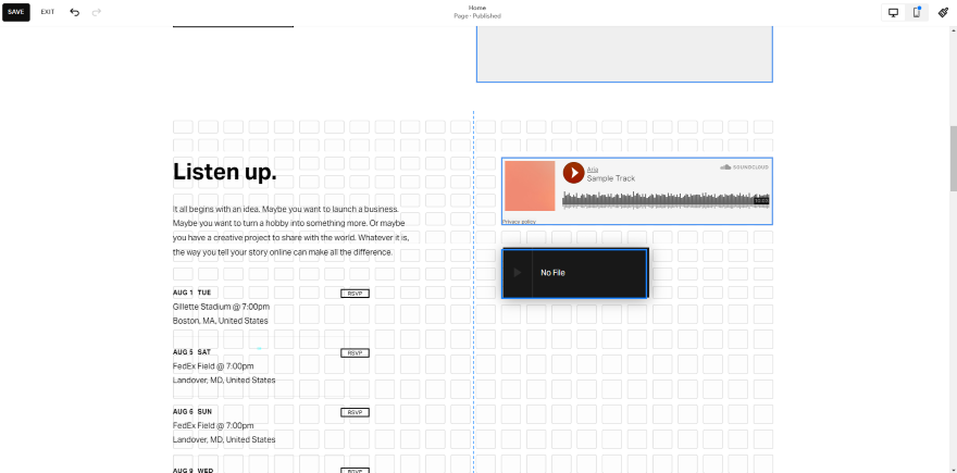 Screenshot of Squarespace's editor with music and calendar blocks.