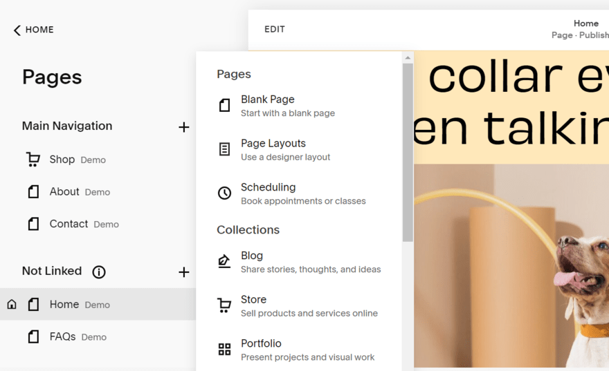 List of pages in Squarespace's editor