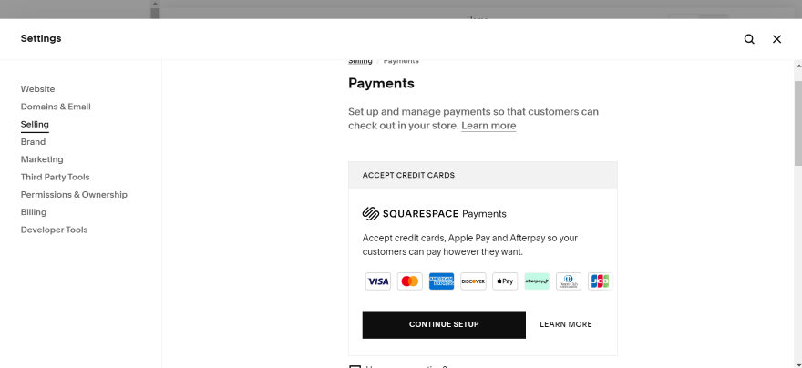 Screenshot of Squarespace Payments tab on the dashboard