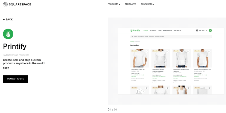 Page showing off the Printify app in Squarespace Extensions with a button to connect it to your site