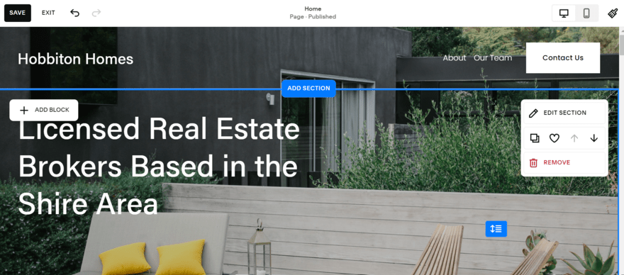 Real estate template in Squarespace's editor