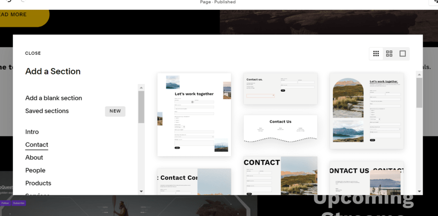 Squarespace's section library showing design templates for a contact us section