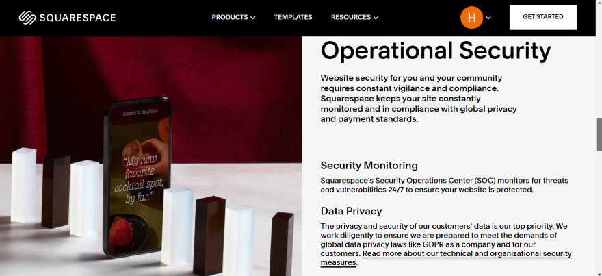 Screenshot of Squarespace's security page.