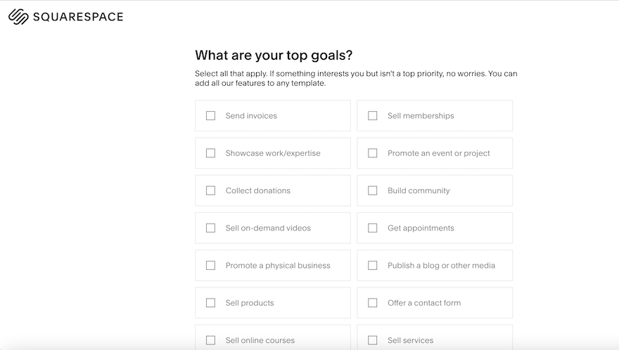 The Squarespace sign-up questionnaire featuring a multiple-choice question about what the goals of the customer are.