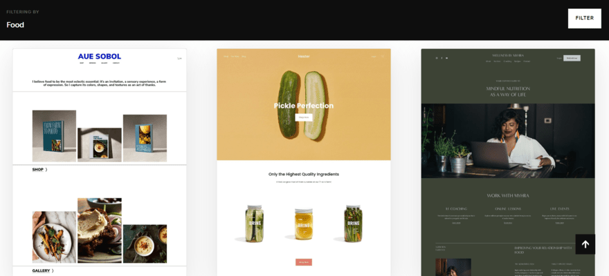 Squarespace's template library showing a preview of three "food" templates