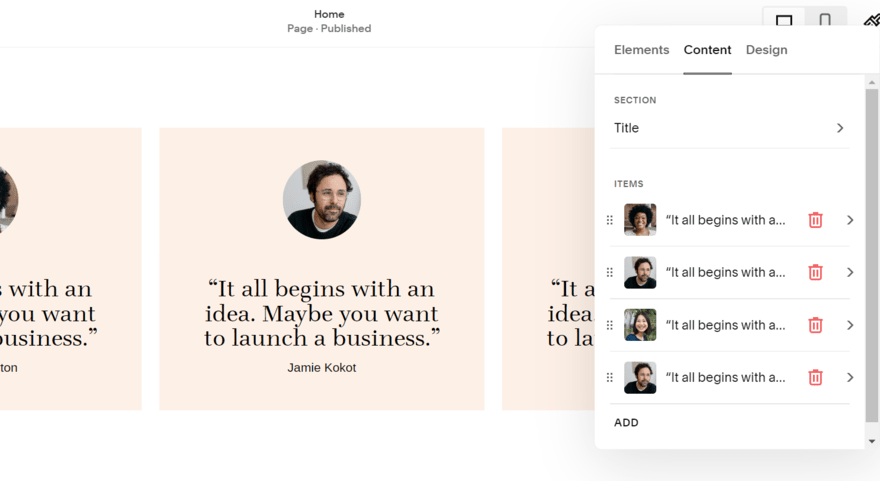 Squarespace testimonials element in the editor