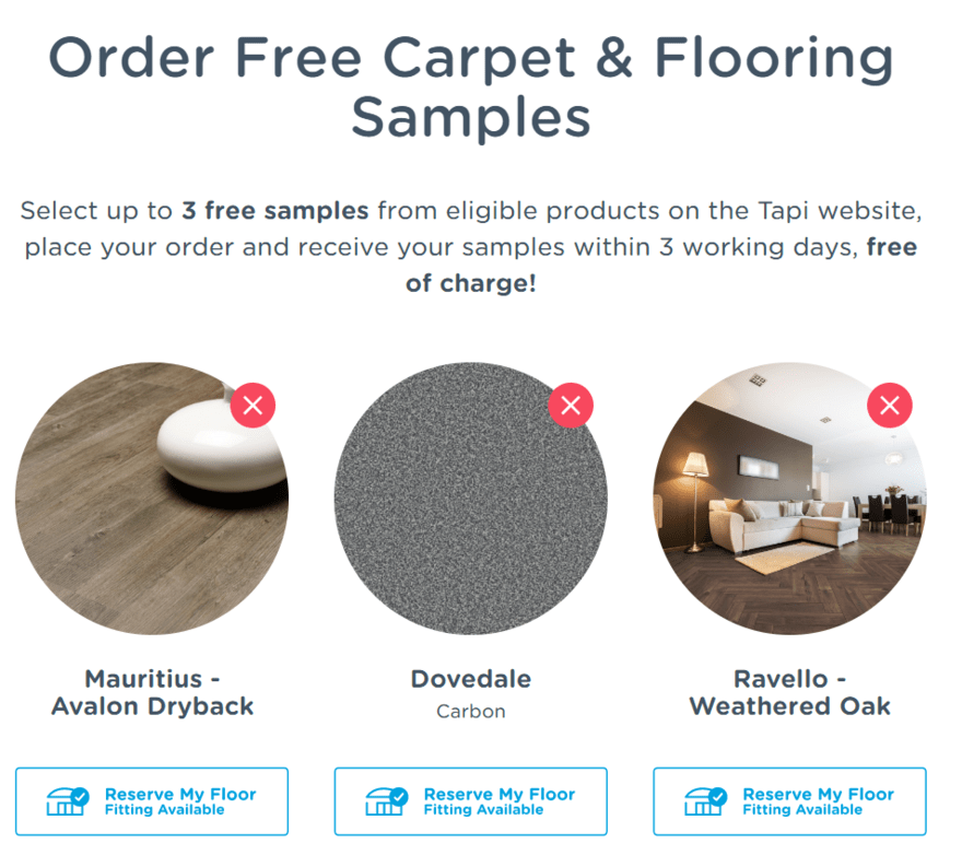 Tapi Carpets & Floors selection of three free carpet and flooring product samples to choose from