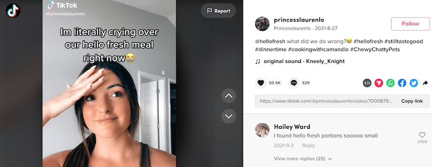 TikTok HelloFresh still with image of woman face palming with the text "I'm crying over our hello fresh meal right now"