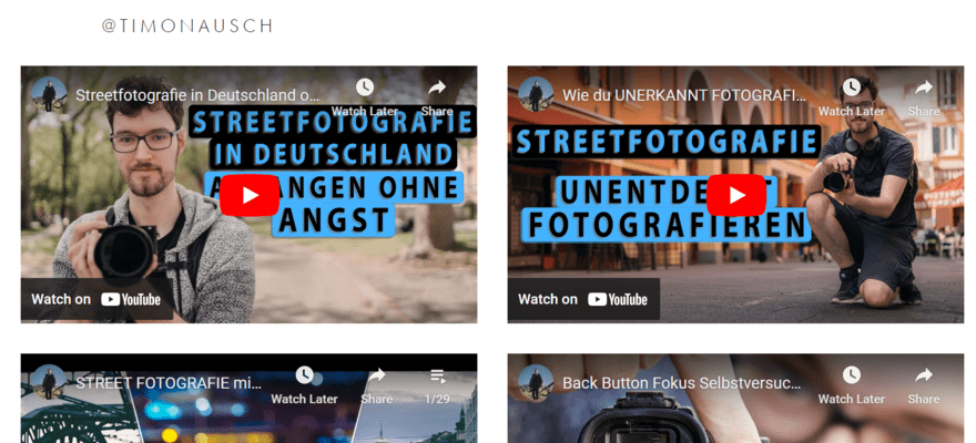 Page on Timo Nausch's website with four YouTube videos embedded into it