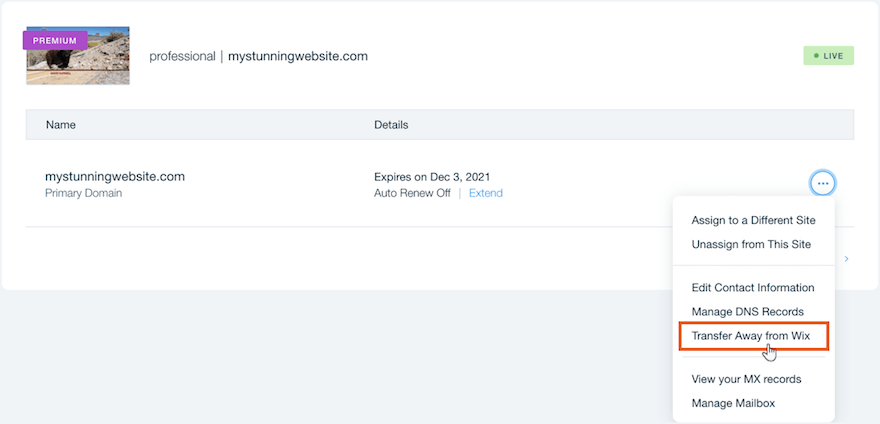 Transfer a domain away from Wix screenshot