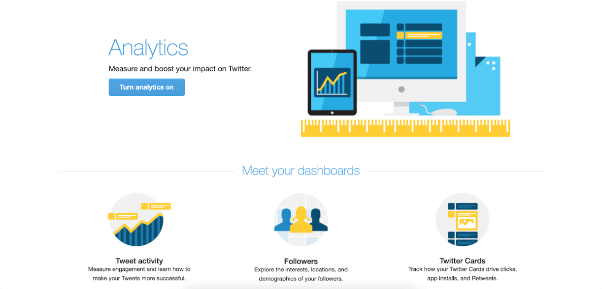 Twitter analytics with graphics of computers and tablets with graphs on them