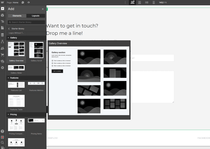 Webflow's website editor showing its gallery elements