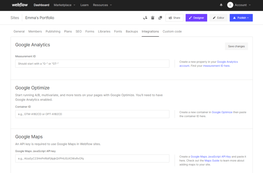 Webflow's backend dashboard showing integrations