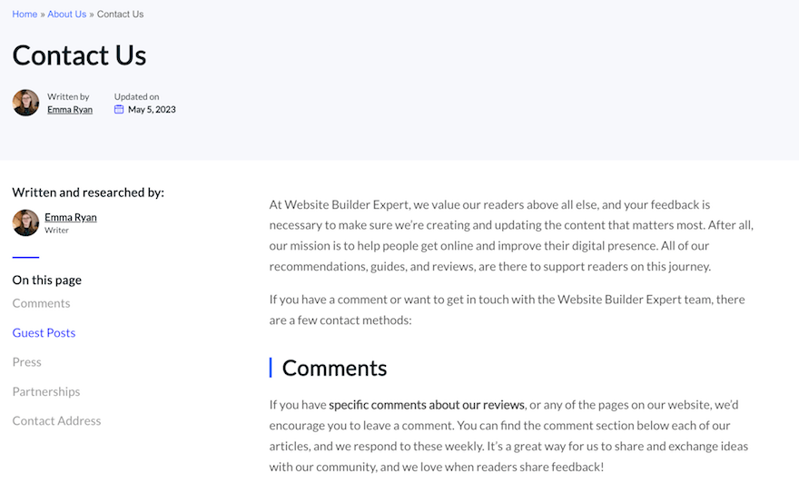 Website Builder Expert Contact Us page screenshot November 2023