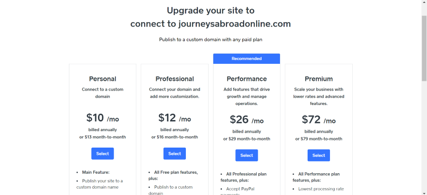 Screenshot of Weebly's pricing page.