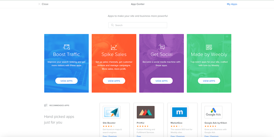 Weebly App Center, with four different colored tiles showing the different kinds of apps you can add to your website.