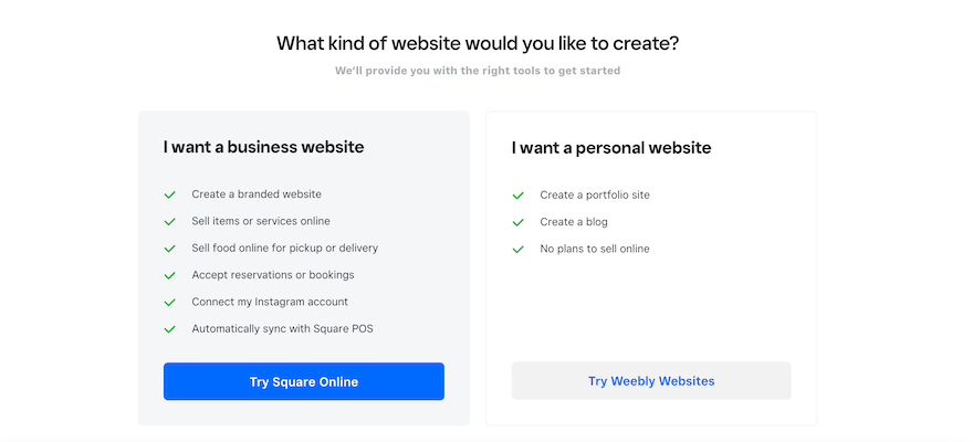 Weebly sign-up page asking what kind of website you want to build with “I want a business website” on one side and “I want a personal website” on the other.