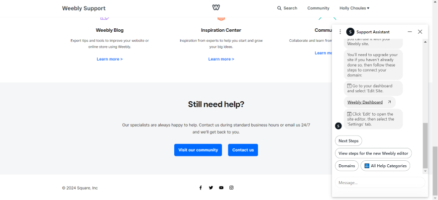 Screenshot of Weebly's support assistant pop-up.