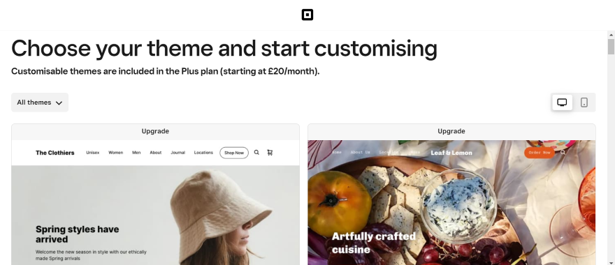 Screenshot of Square's paid templates