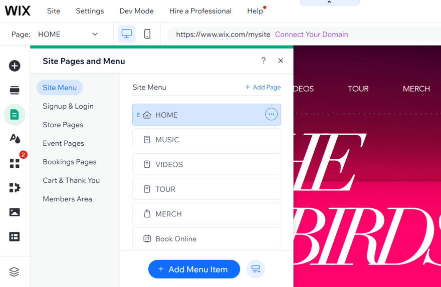 Screenshot of preset pages on a Wix website with the option to add new pages