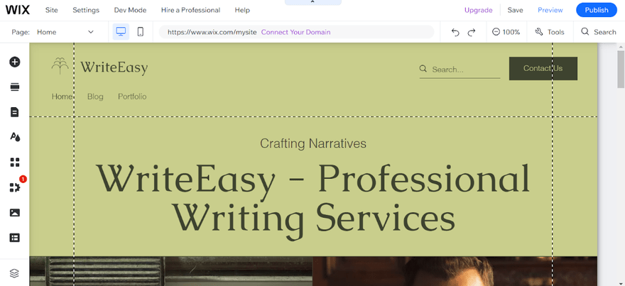 Wix website in the editor, for a professional writing service