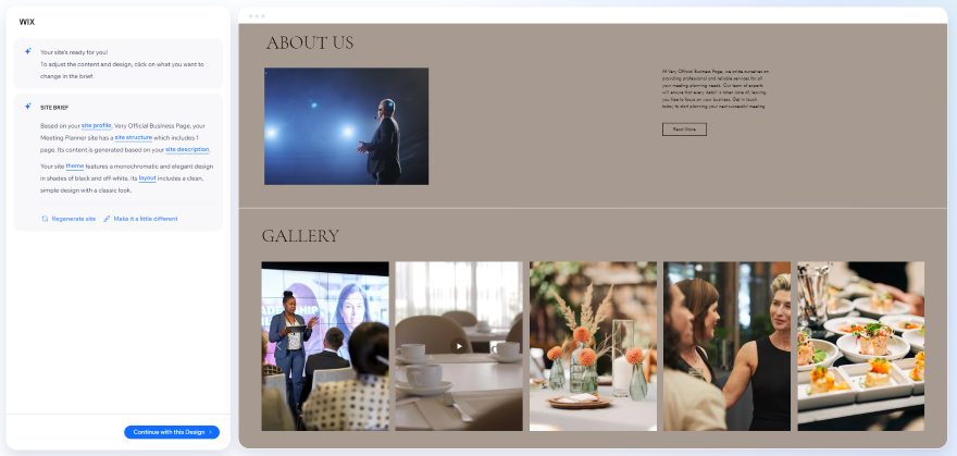 Screenshot of a Wix ADI generated business website with about us and gallery sections.