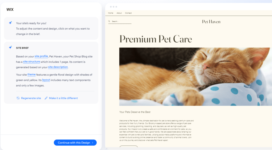 Wix's AI builder creating a site for a pet care blog based on the onboarding brief