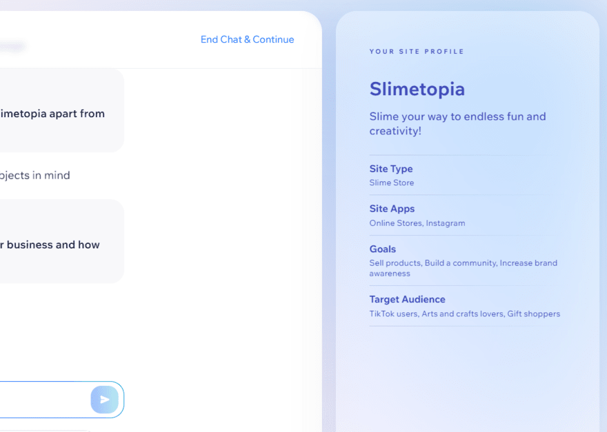 Wix's AI chatbot creating a website for a slime company