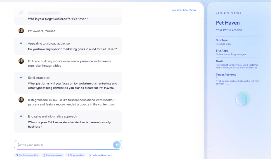 Wix AI chatbot generating a site profile