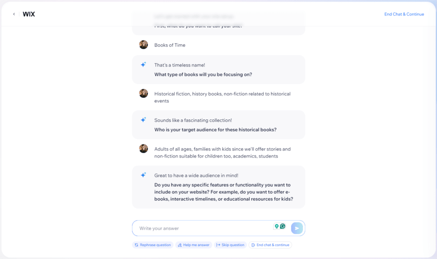 Wix AI chatbot asking questions about the website and business to build a site profile