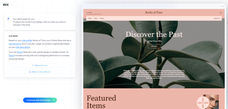Wix's AI designer generating a website template based on my site profile
