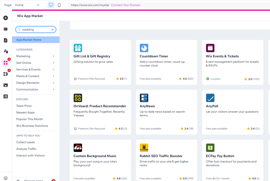 Wedding-related apps in Wix's app market