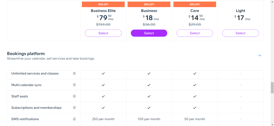 Screenshot of Wix Booking's pricing page.