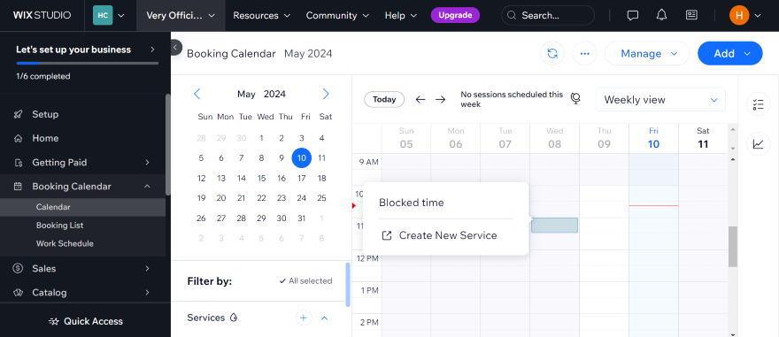 Screenshot of an online booking calendar interface showing the month of May 2024, with options for scheduling and managing appointments.