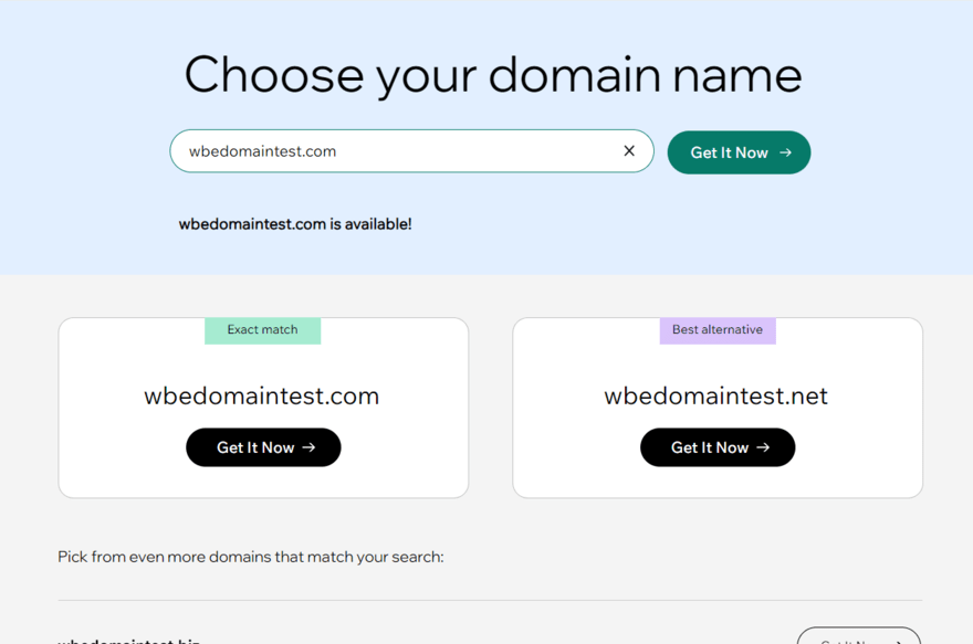 Wix's domain name checker, showing available options for "wbedomaintest"