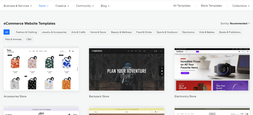 Wix's template library filtered to show ecommerce website templates